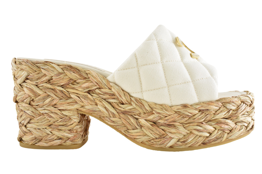 Chanel 25C White Cotton CC Logo Platform Wedge Slide Block Heel Mule Sandal 40